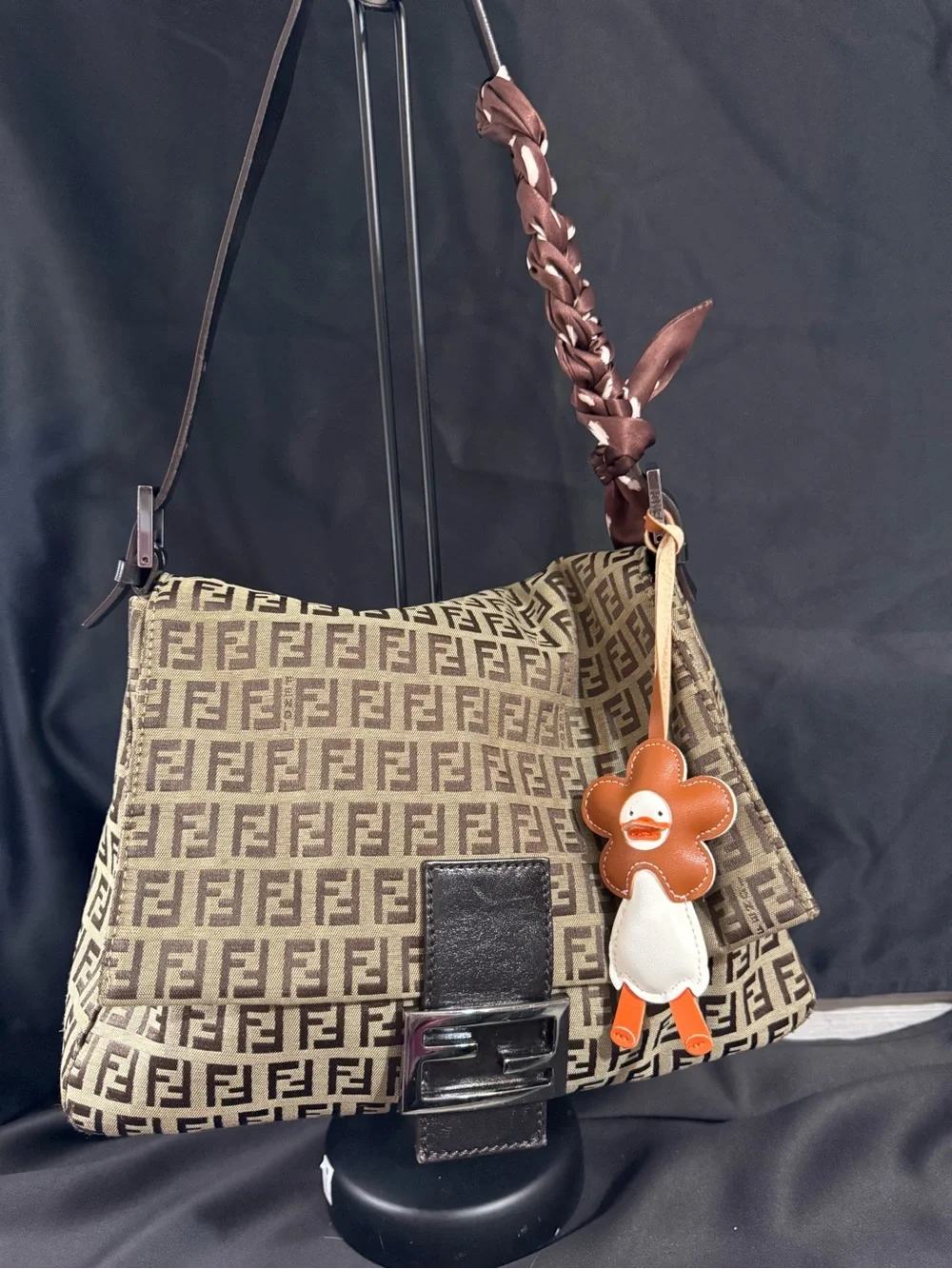Vintage Fendi Brown Zucca Canvas Mama Baguette Shoulder Bag